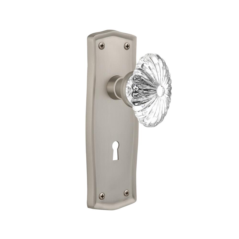 Nostalgic Warehouse PRAOFC Mortise Prairie Plate with Oval Fluted Crystal Knob with Keyhole in Satin Nickel